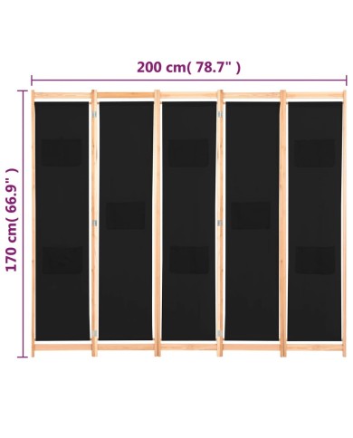 Cloison de séparation 5 panneaux Noir 200 x 170 x 4 cm Tissu