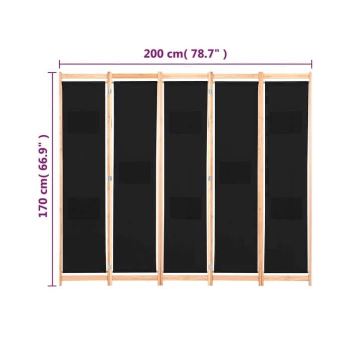 Cloison de séparation 5 panneaux Noir 200 x 170 x 4 cm Tissu