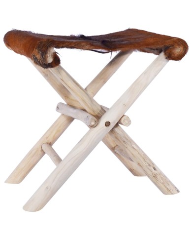 Tabouret pliable Cuir véritable et bois de teck massif