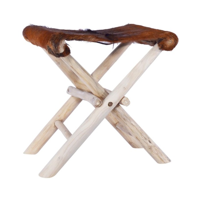 Tabouret pliable Cuir véritable et bois de teck massif