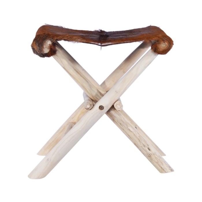 Tabouret pliable Cuir véritable et bois de teck massif