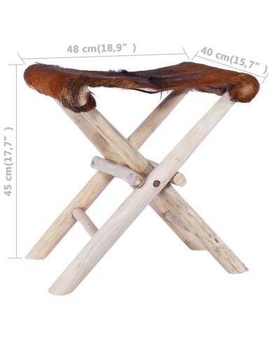 Tabouret pliable Cuir véritable et bois de teck massif