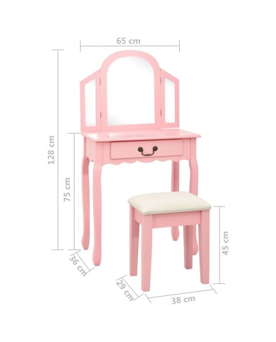Coiffeuse et tabouret Rose 65x36x128 cm Bois de paulownia MDF