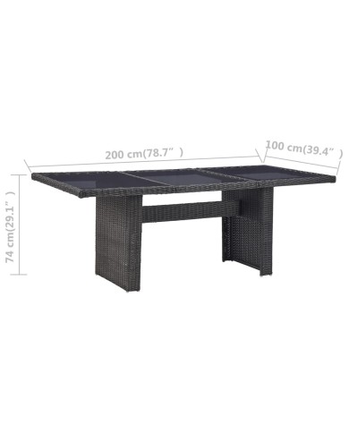 Table à dîner Noir 200x100x74 cm Verre et résine tressée