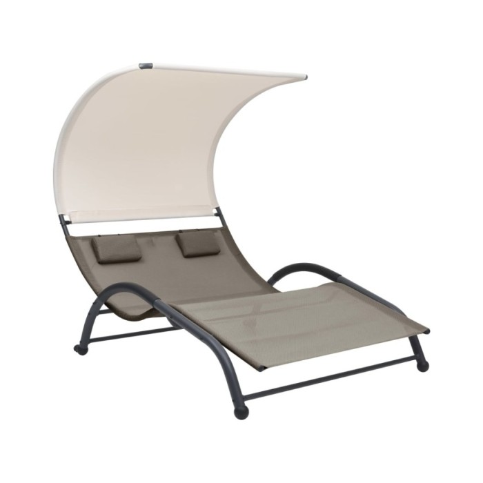 Chaise longue double avec auvent Textilène Taupe