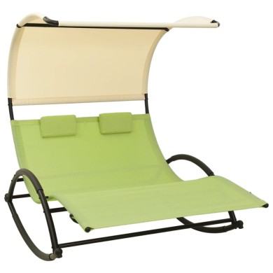 Chaise longue double avec auvent Textilène Vert et crème