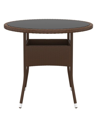 Table de jardin Ø80x75 cm Verre trempé/résine tressée Marron
