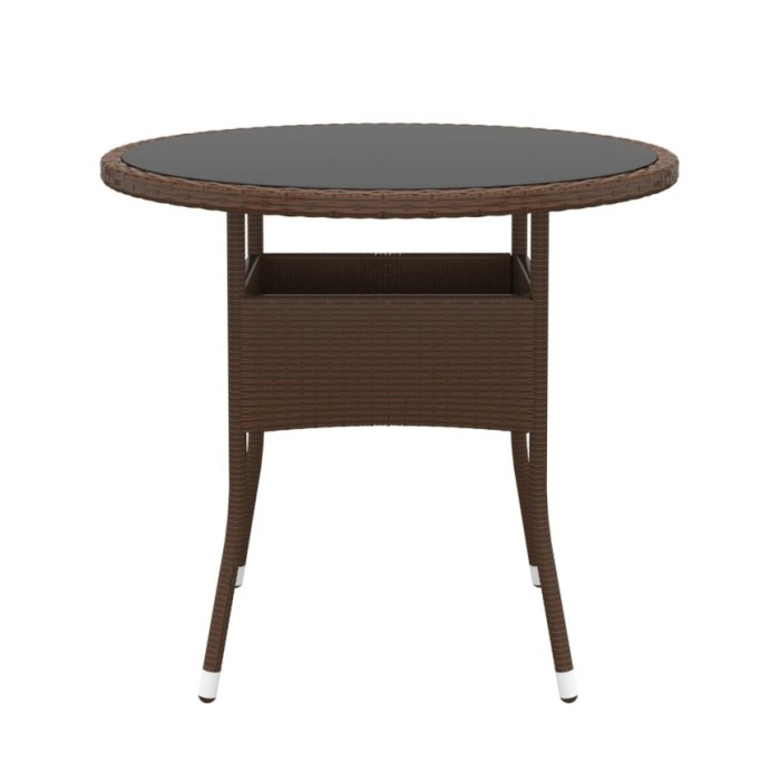 Table de jardin Ø80x75 cm Verre trempé/résine tressée Marron