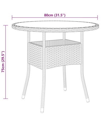 Table de jardin Ø80x75 cm Verre trempé/résine tressée Marron