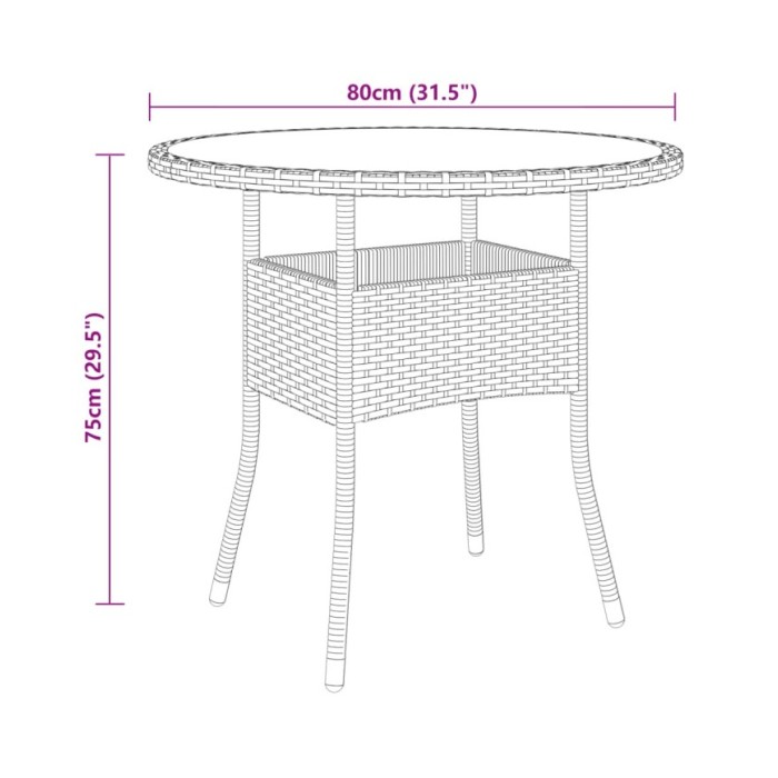 Table de jardin Ø80x75 cm Verre trempé/résine tressée Marron