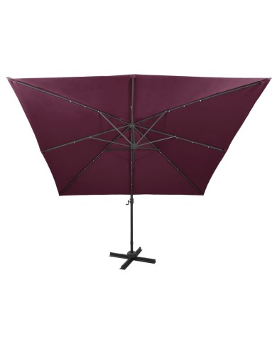 Parasol déporté avec mât et lumières LED Rouge bordeaux 300 cm