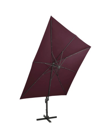 Parasol déporté avec mât et lumières LED Rouge bordeaux 300 cm
