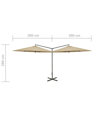 Parasol double avec mât en acier Taupe 600 cm